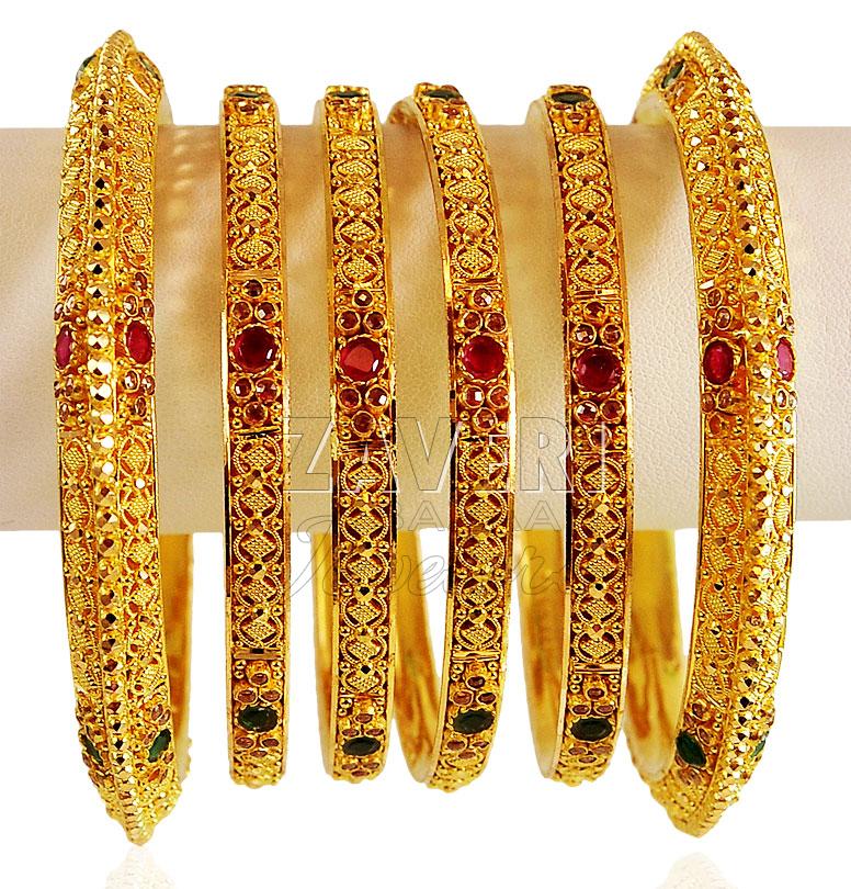 22 Karat Gold Stones Bangles Set 