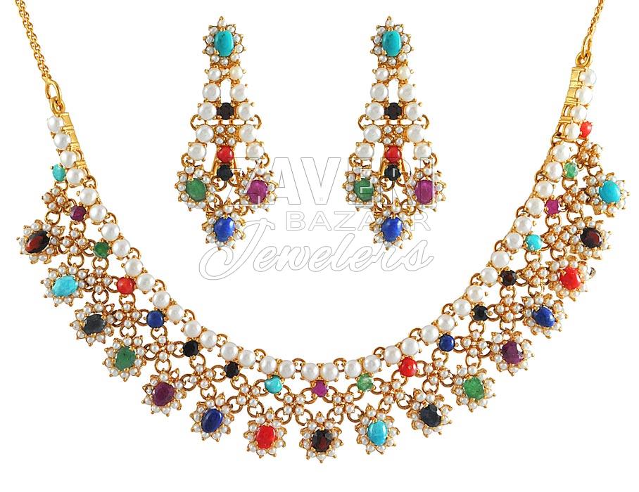 Navaratna Necklace Set (22K Gold)