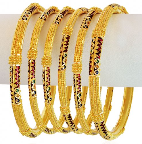 22 K Gold Meena Pipe Bangles 6 PCs - BaSt20963 - 22k Gold pipe bangle set  (Set of 6). Bangles are handcrafted with filigree work, and Meenakari color
