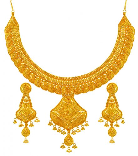 22K Gold Necklace Earring Set - AjNs60205 - 22K Gold Bridal necklace ...