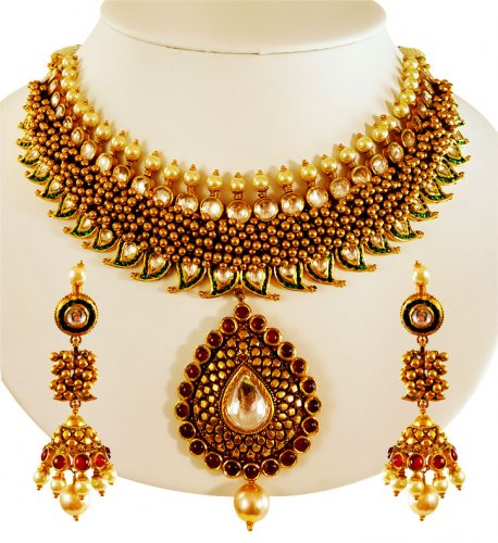 22 Karat Gold Antique Kundan Set - AjNs64123 - 22 Karat Gold Antique ...