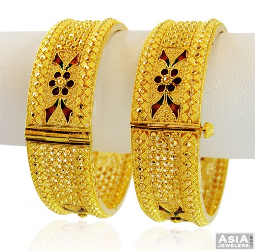 Gold Meenakari Wide Kada - AjBa58859 - 22Kt Gold Wide kadas (pair ...