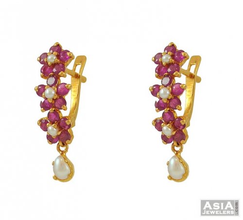Ruby And Pearl Studded Clip On Earrings Ajer52735 22k Gold Ruby And Pearl Studded Clip On Earrings