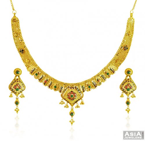 22K Meenakari Stones Necklace Set - AjNs57987 - 22K Gold Necklace and ...