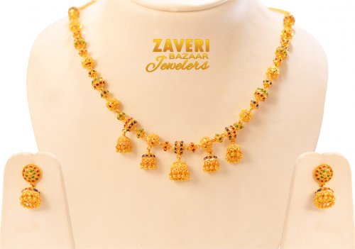 22Kt Gold Meenakari Necklace Set 