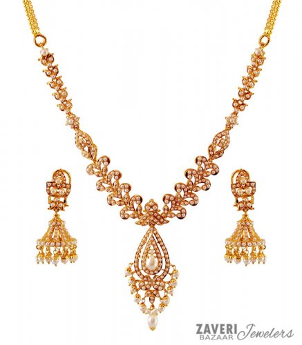 22K Gold Pearls Necklace Set 