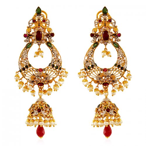 22k Chand Bali Jhumka Earrings Ajer607 22k Gold Earrings Are Exclusively Designed In Chand Bali Style With Detachable Jhumki Studded Emer