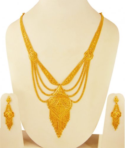 22KT Gold Long Necklace Set - AjNs63414 - 22Kt Gold Necklace and ...