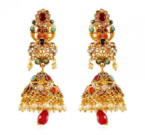 Navratna Jhumka 22K Gold - AjEr60781 - 22K Gold Long Jhumka studded ...