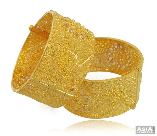 22k Filigree Polki Kadas (2 pcs) - AjBa54071 - 22Kt Gold Bridal Broad ...