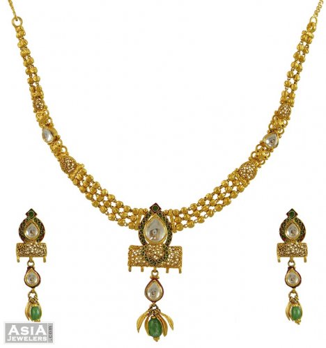 Antique Indian Gold Necklace - AjNs53981 - 22K Gold Kundan