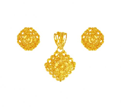 22k Gold Pendant Earring Set - AjPs61596 - 22k Gold pendant & earrings
