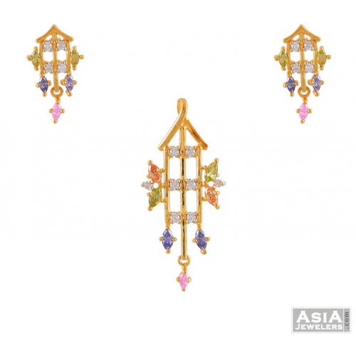 Gold pendant and earring set with color cz 