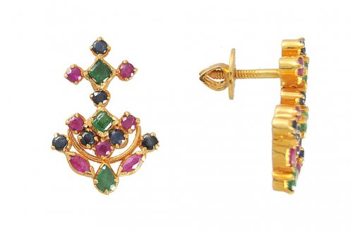 Ruby, Sapphire, Emerald Gold Earrings 