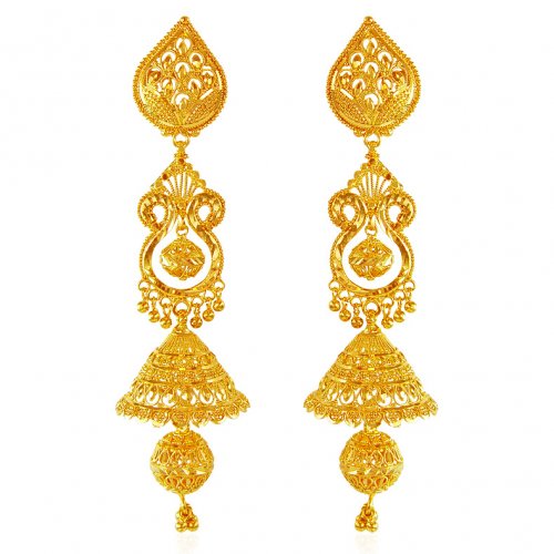 22K Gold Long Jhumka Earrings - AjEr62769 - 22 Karat gold long Jhumka ...