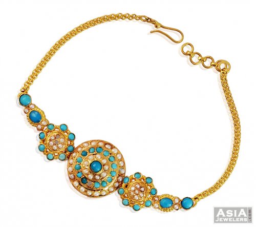 22K Gold Pearl Turquoise Bracelet - AjBr59002 - Elegant 22K Gold