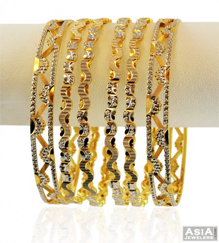 22k Yellow Gold Beaded Patterned Bangle Set of 2 - BAN-4043