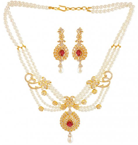 18k Gold Diamond Pearl Necklace Set 