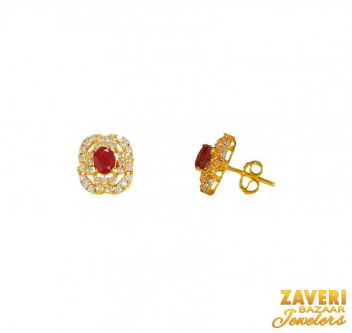 22 Kt Gold Ruby Colored Stone Earrings 
