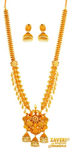 22 KT Gold Long Temple Necklace Set 