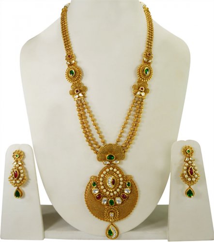 22K Gold Bridal Set - AjNs65472 - 22K Designer Antique Necklace and ...