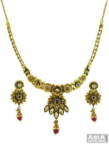 22K Antique Indian Gold Necklace - AjNs55871 - 22K Gold Designer ...