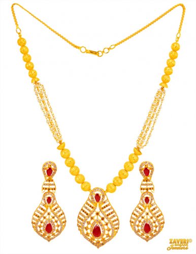 22K Gold Pearls, Ruby Necklace Set  