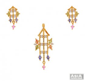 Gold pendant and earring set with color cz ( Gold Fancy Pendant Sets )